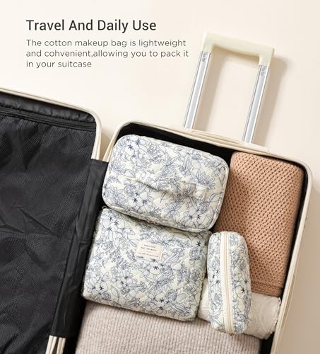 A-3PCS-Floral Quilted Makeup Bag Set - Large Travel Cosmetic Organizer