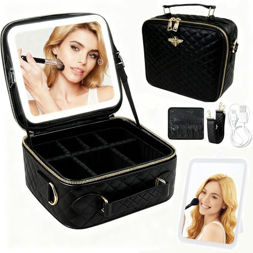 Travel Makeup Bag with Light Up Mirror Black Grid - Waterproof Portable Cosmetic Organizer