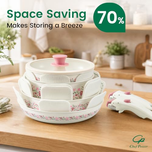 White Ceramic Cookware Set 14Pcs Non-Toxic Detachable Pans and Pots