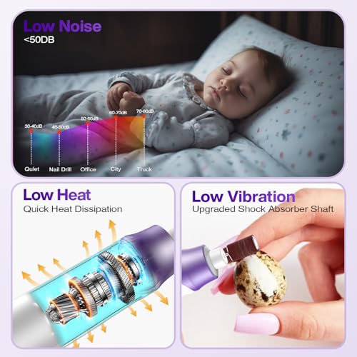 Professional Electric Nail Drill 2000mAH Portable Cordless Electric Nail File 10 in 1 Manicure Pedicure Kit ,5-Speeds Toe Nail Tools Hand Foot Care,Thick Toenail Grinder for Women Men Pets (Purple)