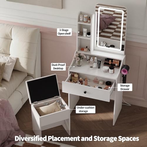 Small Vanity Desk with LED Lighted Makeup Mirror & Storage Bench