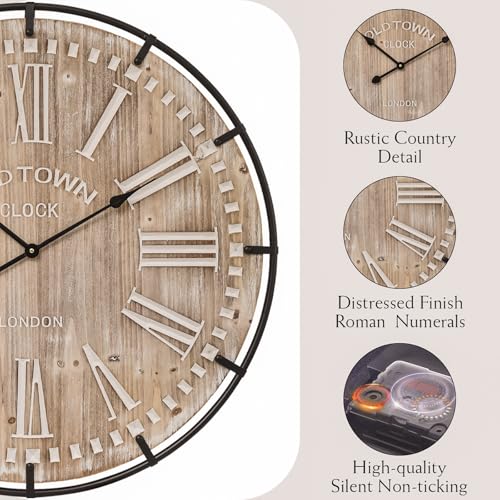 Farmhouse Wall Clock 30 Inch - Rustic Wood Metal Decor Silent Sweep Brown