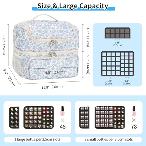 CUBETASTIC Nail Polish Organizer & Storage Bag for 48 Bottles & Full-Size Lamp, Double-Layer Travel Case Box for Nail Supplies, Manicure Kit & Pedicure Tools (Blue Floral, 48 Slots)