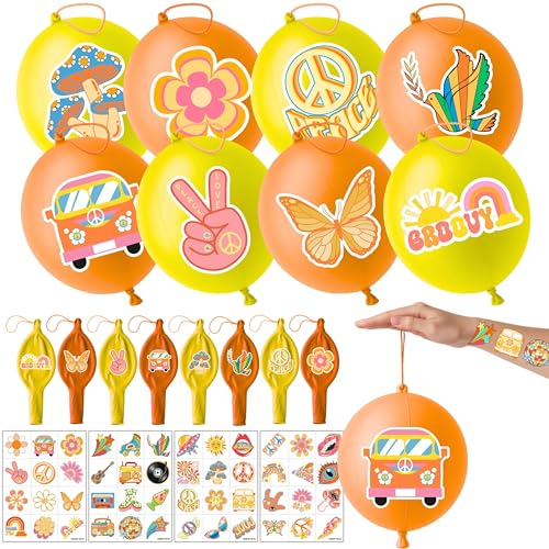 72 PCS Groovy Party Favors ? 48 Pre-Cut Temporary Tattoos & 24 Groovy Punch Balloons Themed Birthday Party Decorations Supplies Favors Gifts, Goodie Bag Fillers, Classroom Rewards for Boys and Girls