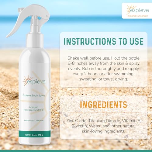 SPF 25 Sunscreen Spray for Face & Body Water-Resistant & Reef Friendly 6 oz