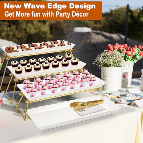 Extra Large 4-Tier Serving Tray Set - Gold Wave Edge Melamine Dessert Display for Parties