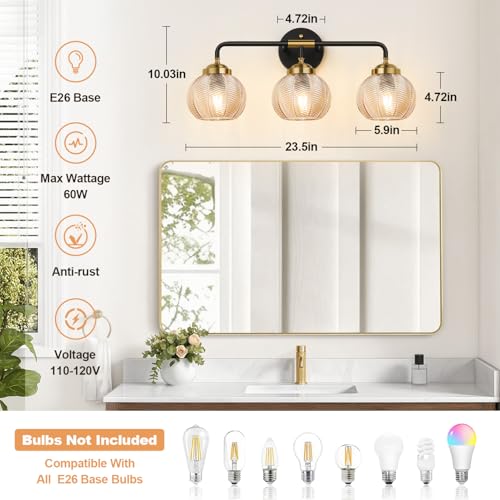 MOKATNG Bathroom Light Fixtures 3-Light Amber Leaf Texture Glass Vanity Wall Lamp