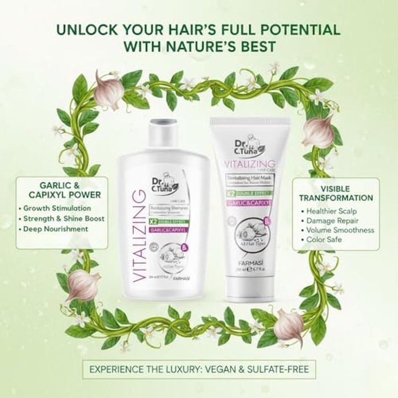 FARMASI Dr. C. Tuna Vitalizing Garlic Shampoo and Hair Mask - Natural Treatment for Hair Growth, Prevents Loss, Stimulates Growth with Capixyl