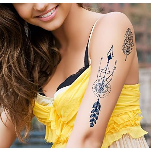 Arrow Semi Permanent Tattoo, 6-Sheet Long Lasting 1-2 Weeks Temporary Tattoos Arrow Feather English Letter Bird Tattoo Stickers, 100% Plant-Based Ink Infinity Realistic Fake Tattoos for Women Kids Waterproof