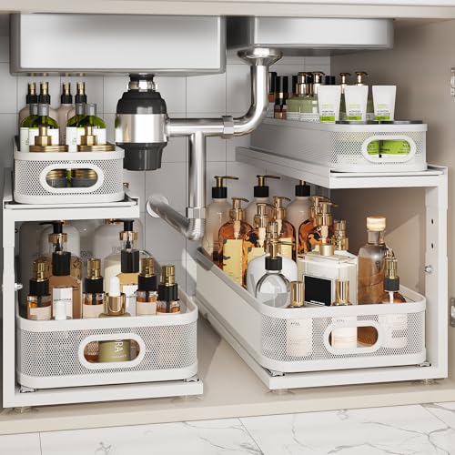 Corbyles 2 Pack 21" Depth Under Sink Organizer with Next-Gen Ball-Bearing Slides, 2-Tier Mesh Pull-Out, Height Adjustable, Anti-Rust White