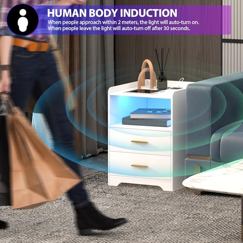 RGB Nightstand with Wireless Charging Station - White, 3 Layers