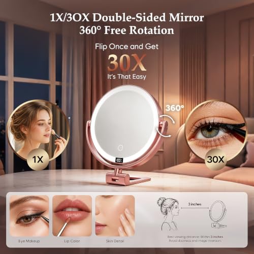 1X/30X Makeup Mirror with Lights - Rose Gold, Dimmable LED Vanity Mirror