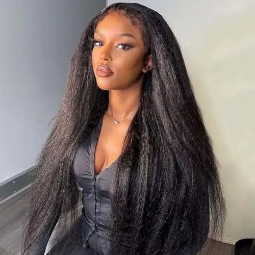 24 Inch Black Kinky Straight U Part Wig Natural Hair-Like Human Hair Style Variation