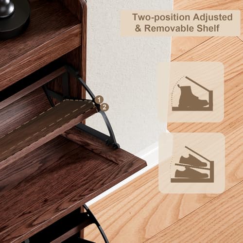 Walnut Shoe Storage Cabinet with 2 Flip Drawers and Deodorizer - Narrow Rustic Entryway Organizer