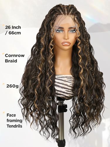 Blonde Highlight 13x6 Lace Front Braided Wig for Black Women 26 Inch Curly Cornrow Boho Wig with Face Framing