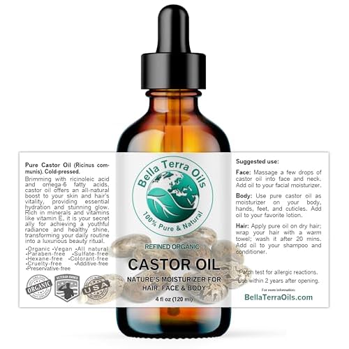 Bella Terra Oils - Organic Castor Oil 4 oz Glass Bottle - Dive into Pure Organic Castor Essence, High in Essential Fatty Acids, Perfect for Nourishing Beauty Rituals