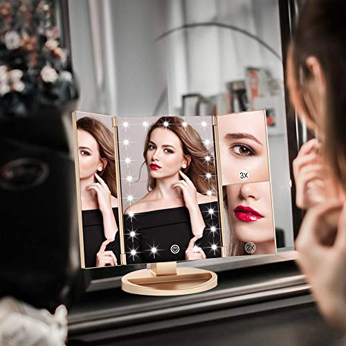 WEILY Gold Makeup Mirror with 21 LED Lights, 2X/3X Magnification, Tri-Fold, 180° Rotation, USB/Battery Power - 3.2"L x 7.5"W