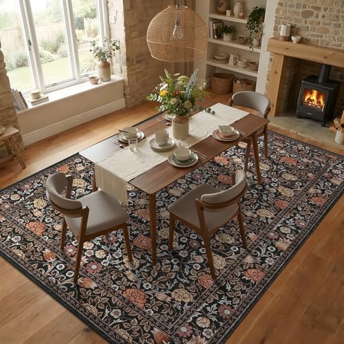 GarveeHome Dark Brown Floral Area Rug 8x10 for Living Room & Bedroom - Non-Slip, Machine Washable