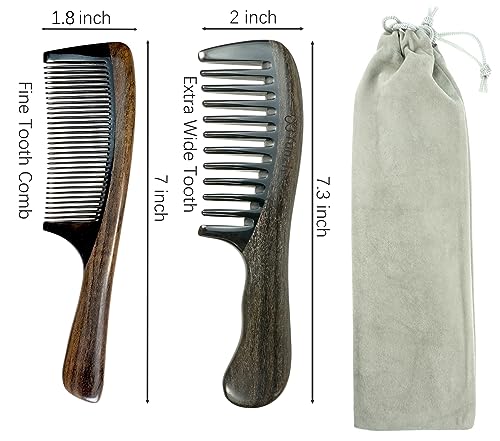Buffalo Horn Comb Set - Fine and Wide Tooth Wooden Hair Combs for Men Women Variation of J-Wide Tooth & Fine Tooth