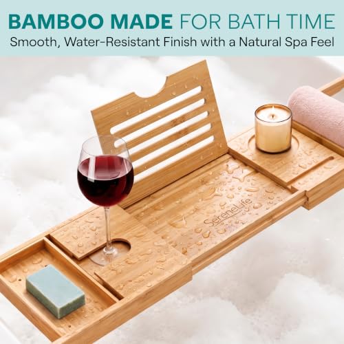 Bamboo Bath Caddy Tray for Tub & Bed with Adjustable Arms, Waterproof, Wine & Soap Holder