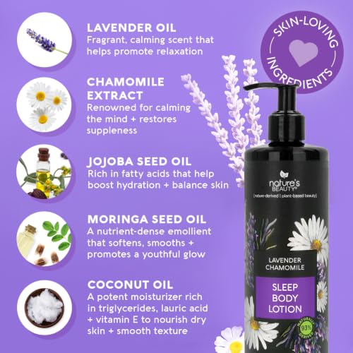 Nature's Beauty Lavender Chamomile Sleep Body Lotion - 16oz Pack of 2, Lightweight Moisturizer for Dry Skin with Shea, Jojoba, Coconut & Moringa Oils