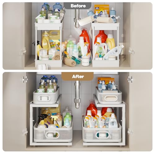 Corbyles 2 Pack 21" Depth Under Sink Organizer with Next-Gen Ball-Bearing Slides, 2-Tier Mesh Pull-Out, Height Adjustable, Anti-Rust White