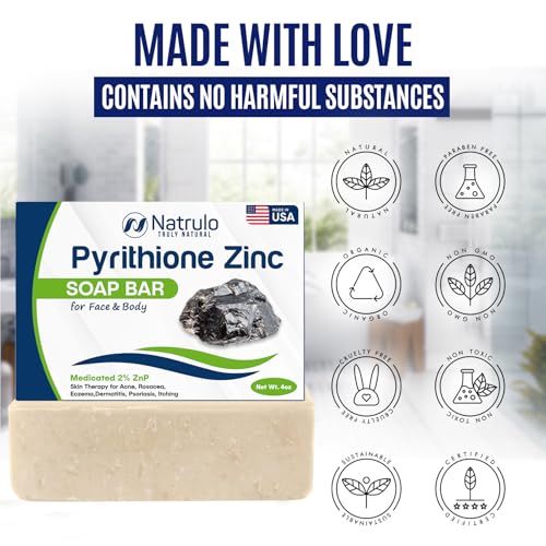 Pyrithione Zinc Soap Bar for Face & Body, 4oz | Medicated 2% ZnP Bar Soap Skin Therapy Cleanser for Acne, Rosacea, Eczema, Dermatitis, Psoriasis, Itching | Cleansing, Calming Facial Wash Made in USA