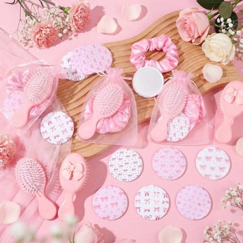 96 Pcs Coquette Bow Party Favors for Women Bow Compact Mirrors Mini Hair Brush Scrunchies Ties Organza Bags Thank You Gift Baby Shower Supplies