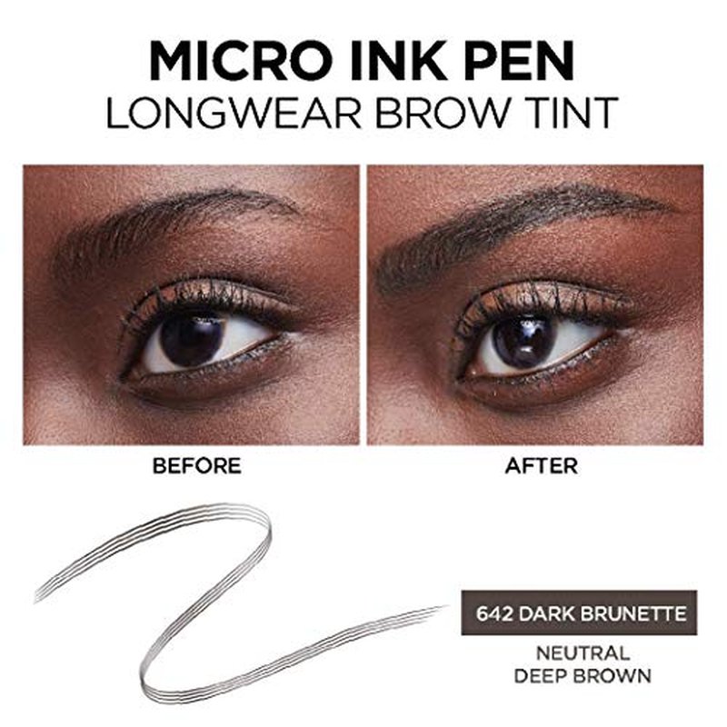 L'Oreal Paris Micro Ink Pen by Brow Stylist, Longwear Brow Tint, Hair-Like Effect, Up to 48HR Wear, Precision Comb Tip, Dark Brunette, 0.033 fl; oz.