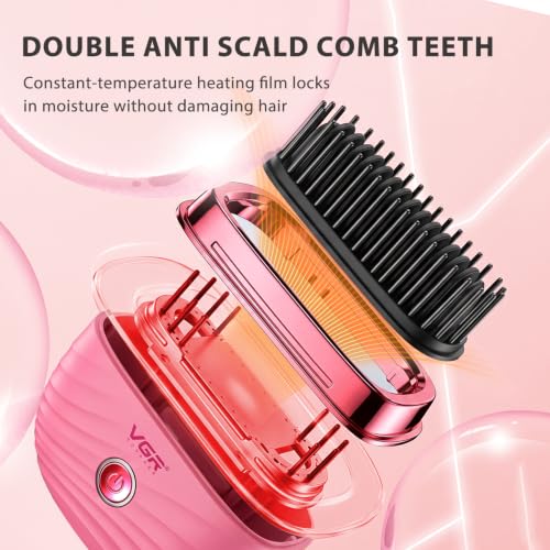 Mini Hair Straightener Comb with 2 Heat Settings - Pink, Portable & Wireless