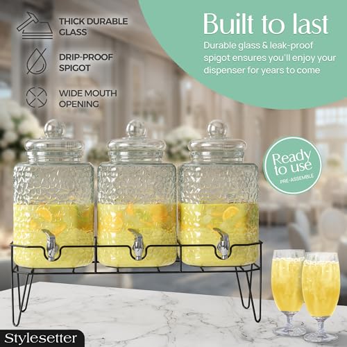 Style Setter Premium 1.5 Gal Glass Dispenser Set of 3 with Stand - Triple Beverage Stations
