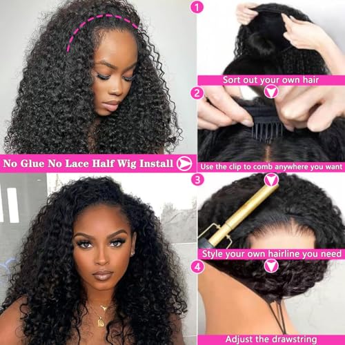 Water Wave Half Wig Human Hair 18 Inch Glueless Natural Black with Adjustable Cap - Beginner Friendly