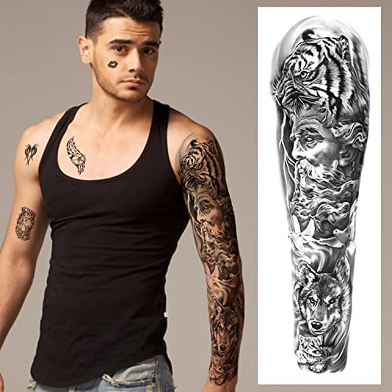 Full Arm Sleeve Temporary Tattoos for Men Women, 46 Sheets Fake Tattoos for Adults, Realistic Lion, Wolf, Eagle, Deer, Flower, Clock, Skeleton Design for Party Concert Daily Accessories