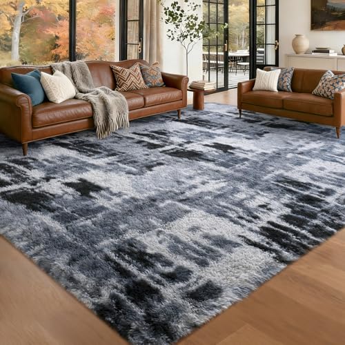 Large Fluffy Tie-Dyed Blue Area Rug Non-Slip Living Room Carpet 6x9
