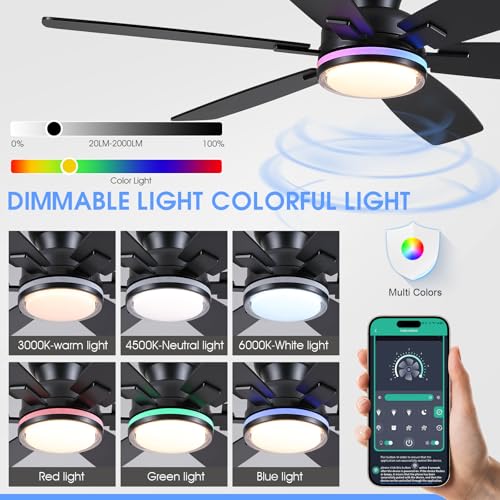 52-Inch Ceiling Fan with RGB Light & Remote - Black 6 Blades, APP Control
