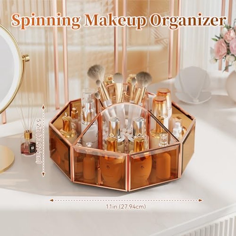 360¡Æ Rotating Makeup Organizer Spinning Vanity Organizer with Makeup Brush Holder for Countertop, Bathroom Storage, Skincare, Perfume & Cosmetic Organizer for Vanity Amber