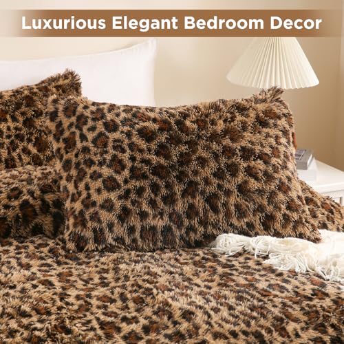 Bolder Queen Size Cheetah Faux Fur Comforter Set 3 Pieces - Brown