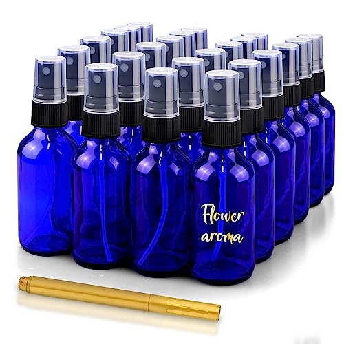 CULINAIRE 2oz Glass Spray Bottles for Essential Oils with Gold Pen Marker, Small Fine Mist Spray Bottle, Refillable, for Hair Spray, Essential Oils, Colognes, and Hand Sanitizers, Blue, Pack of 24