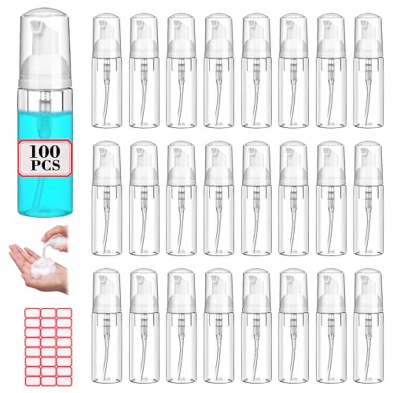 100 Pcs 2 oz Plastic Foam Pump Bottle Refillable 60ml Travel Mousse Foaming Soap Dispenser Mini Eyelash Cleaning Foam Bottle Dispenser for Face Wash Lash Shampoo Skin Care
