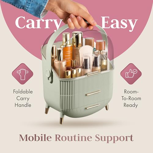 Large Clear Makeup Organizer with Lid & Drawers - Green Variation of Trendy Oval Storage