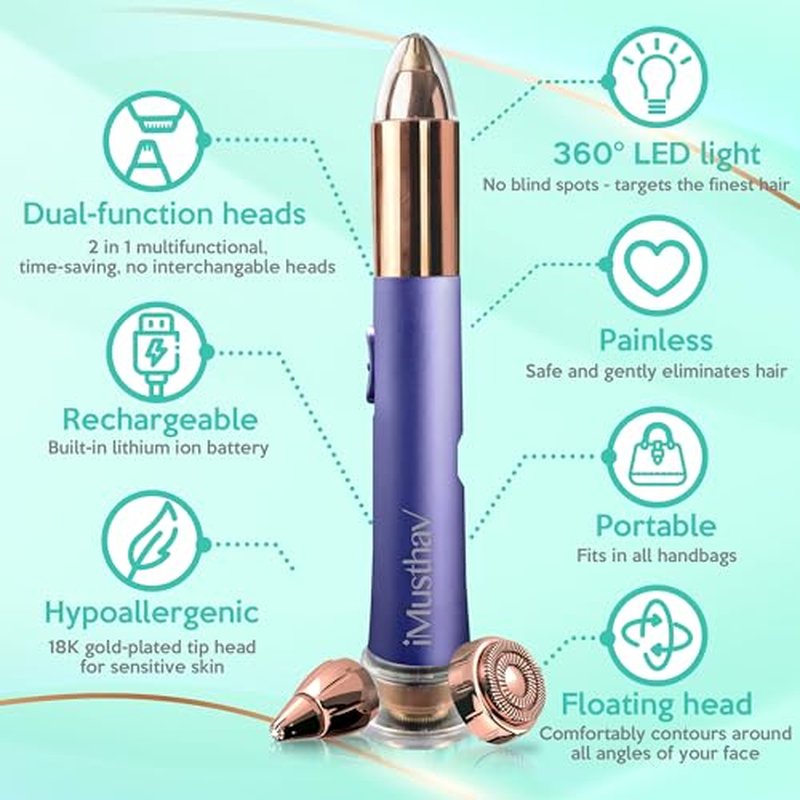 2 in 1 Eyebrow and Facial Hair Remover for Women Painless Electric Razor Epilator Trimmer Shaver with 18K Gold-Plated, USB Rechargeable, 360¡Æ LED for Flawless Eyebrow and Face Hair Removal