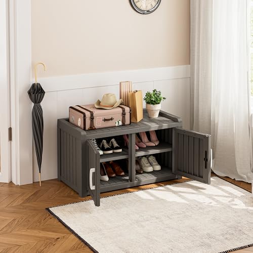 NBYSGO Classic Grey Waterproof 2-Tier Outdoor Shoe Storage Bench with Double Doors