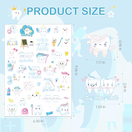 Dental Tooth Temporary Tattoos Stickers - 8 Sheets 280 Pcs Cute Cartoon Teeth Fairy Gifts One's First Teeth Tattoo Sticker for Kids Funny Dentist Party Decorations Hospital Doctor Prizes Rewards