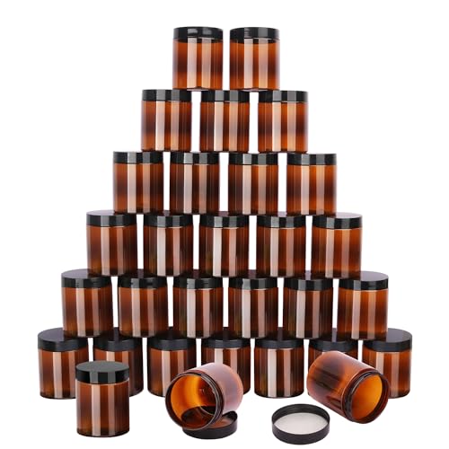 KUKLIPJIM Brown Plastic Jars 8 oz (250 ml) Pack of 30 with Black Lids | Wide-Mouth Cosmetic & Storage Containers