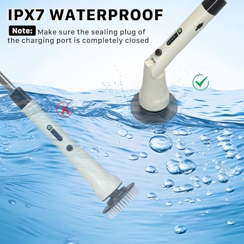 Electric Spin Scrubber, Hillyfe Bath Scrubber for Cleaning with 7 Replaceable Brush Heads, IPX7 Waterproof,300/400 RPM, 3 Adjustable Size,Cordless Shower Cleaner Brush for Bathroom Floor,Beige