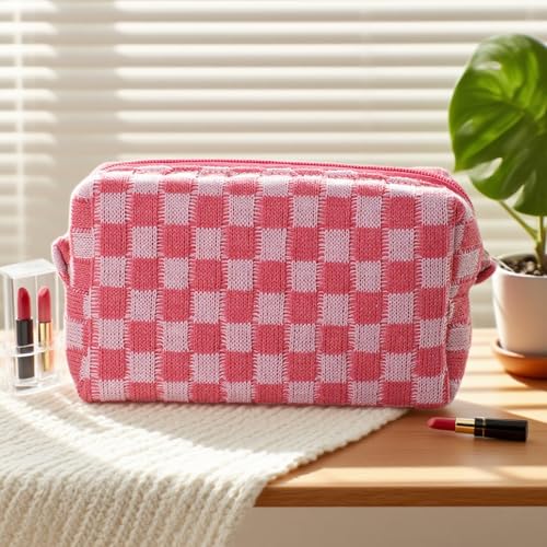 Pink Checkered Makeup Bags Set - 6 Pack Gift for Women, Bridesmaids & Teachers