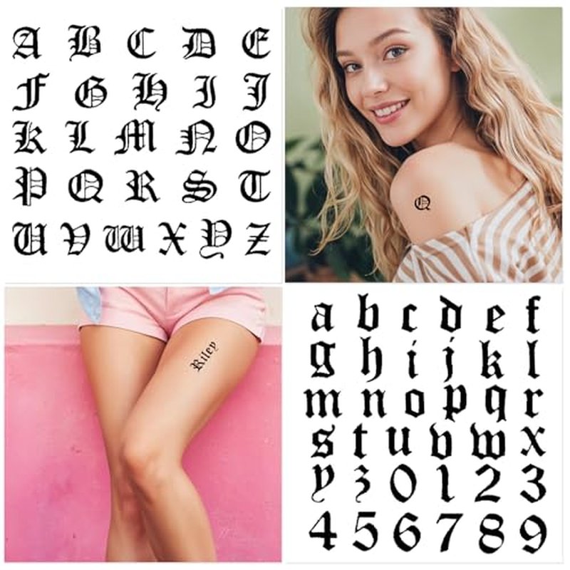 10 Sheet Gothic Temporary Tattoos, Small English Letters Numbers Fake Tattoos Alphabet Tattoo Stickers for Adult Finger Neck Body