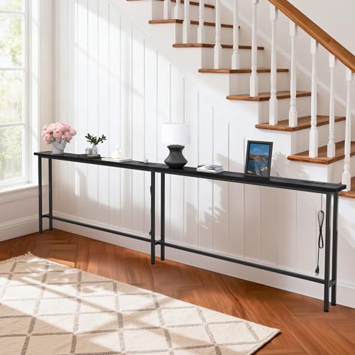 Black 102-Inch Sofa Table with Built-In Power Strip – Modern Narrow Couch Console