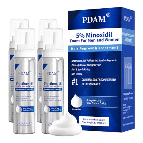 PDAM 5% Minoxidil Foam for Hair & Beard Growth - 4 Pack, 0.25 Fl Oz Each
