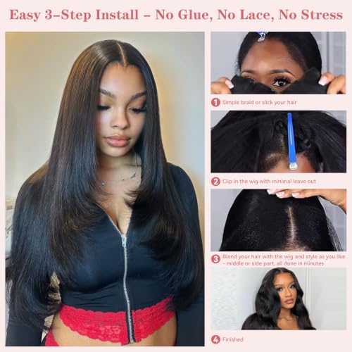Yaki Straight V Part Wig - 26 Inch, 1B, Glueless Clip-In Half Wig with Layers